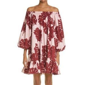 La Double J Paloma Dress Floral Monstera Printed Pink off shoulder dress